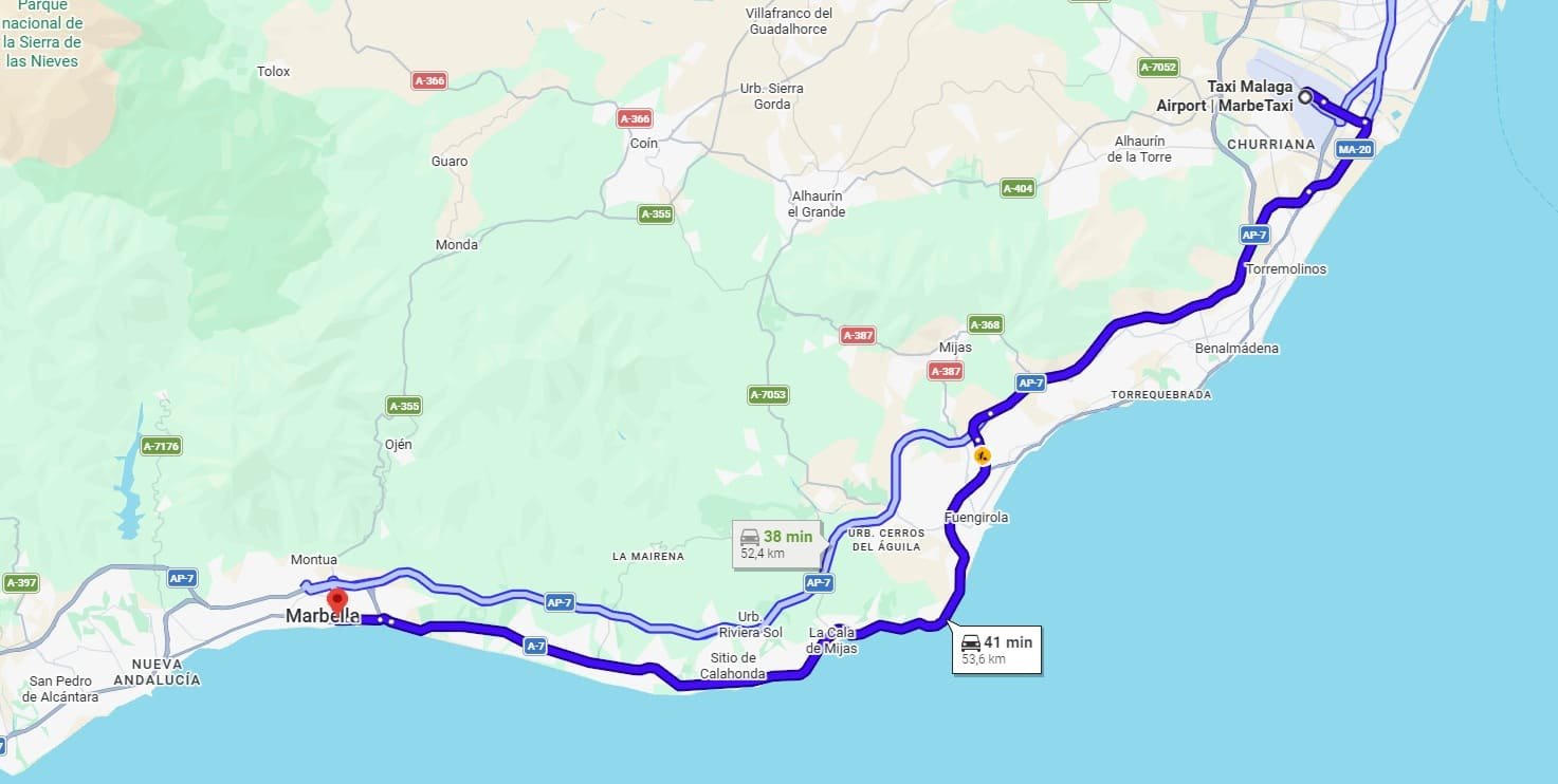 Taxi Route Map Malaga Airport to Marbella
